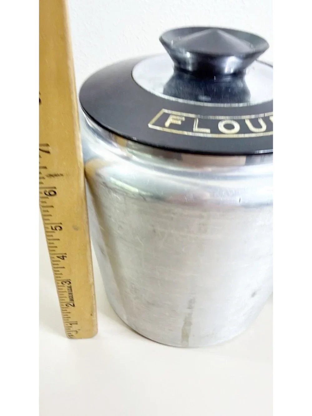 Vintage Kromex Aluminum Canister Set of 4 Flour Sugar Coffee Tea Black Lids EUC